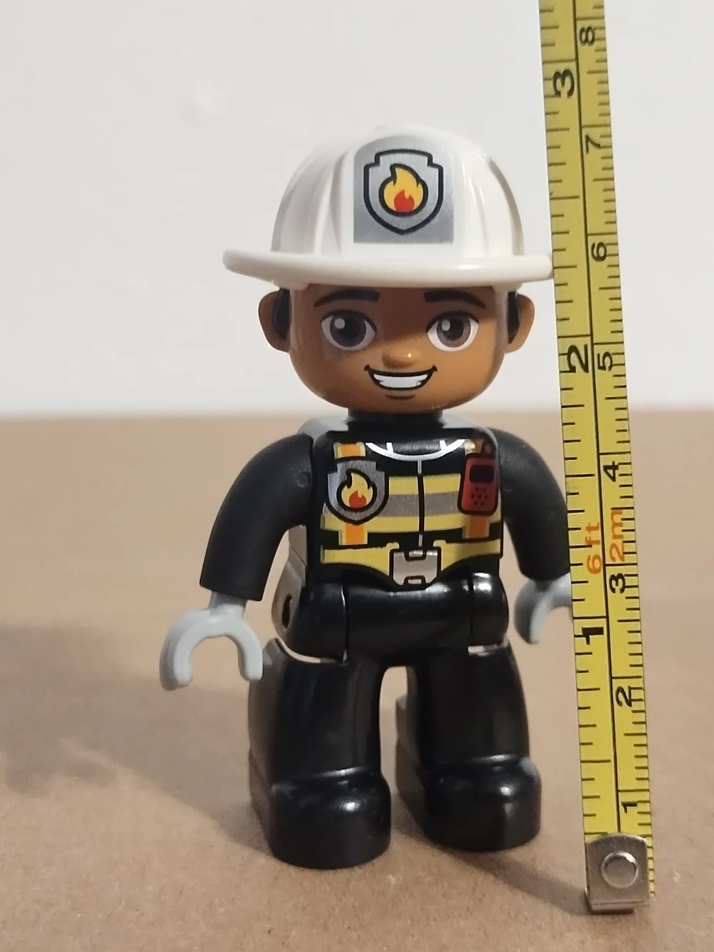 Lego Duplo Figure Fireman white hat (fire on hat) black uniform
